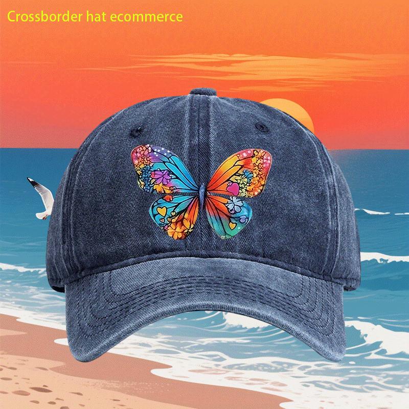 Colorful Butterfly Print Washed Baseball Cap Retro Style Polyester Adjustable Casual Outdoor Hat Unisex