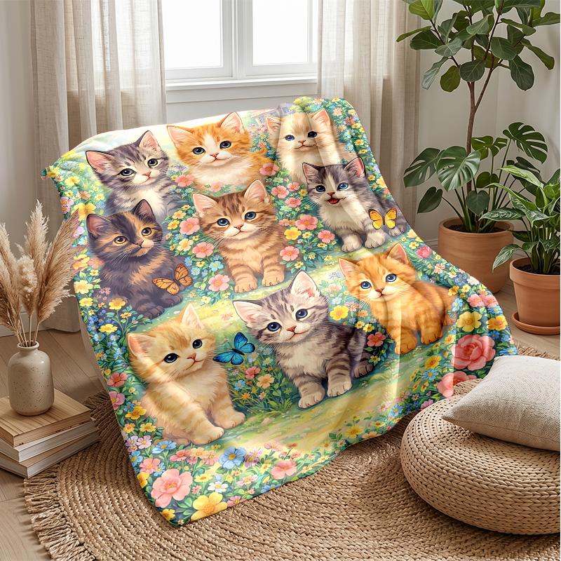 Cute Kitten with Dragonflies blanket Personalized Name Flannel Blanket Soft Cozy Plush Throw for Sofa Bed Lightweight Home Decor