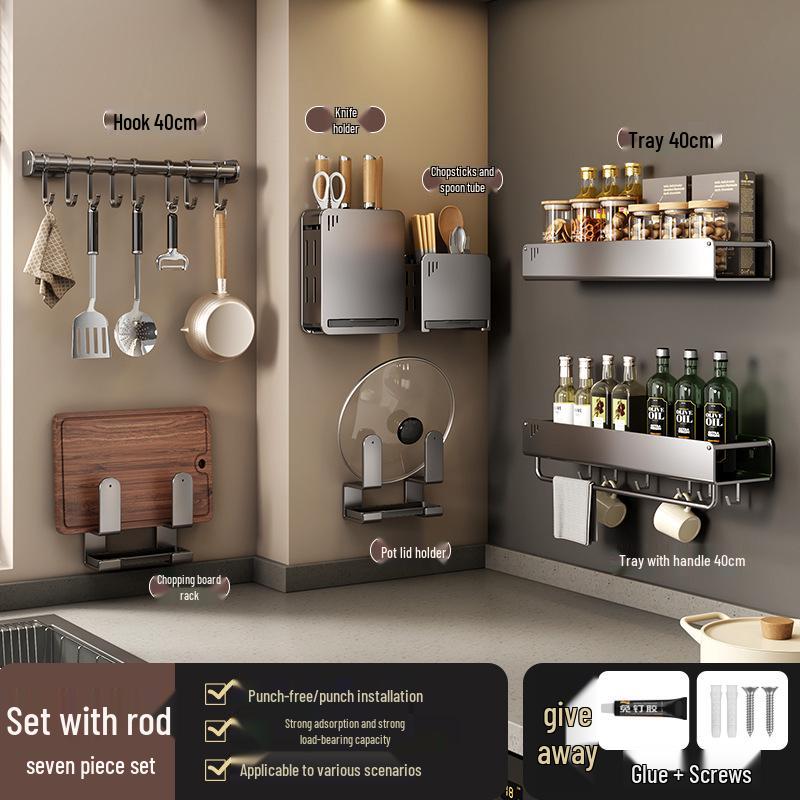 No-Drill Wall-Mounted Kitchen Storage Rack: Multifunctional Holder for Knives, Chopsticks, Pot Lids, and Seasoning Condiments