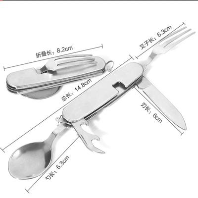 4-in-1-Outdoor-Campinggeschirr, Klapplöffel, Gabel, Messeröffner, Edelstahl, tragbare Taschensets für Wandern, Reisen, Überleben