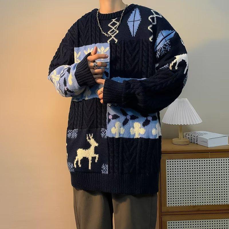 

Мужской свитер в стиле пэчворк, зимний, толстый, модный, парный, рождественский, ретро, осенне-зимний, стиль, свитер для мальчиков 2XL