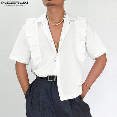 Oversized Men Summer Lapel Neck Short Sleeve Patchwork Ruffled Casual Loose Shirts