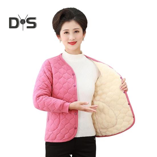 Mid-aged Women Jacket Plush Size Thickened Fleece V Neck Single-breasted Slim Fit Long Sleeves Warm Pockets Mother Bottoming Coat