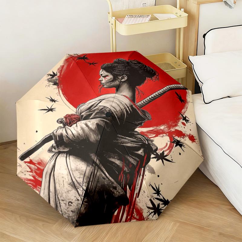 1PC Samurai Sunset Blossoms Automatic Umbrella - Suitable Travel Outdoor Portable Umbrella Birthday Gift Daily Essentials
