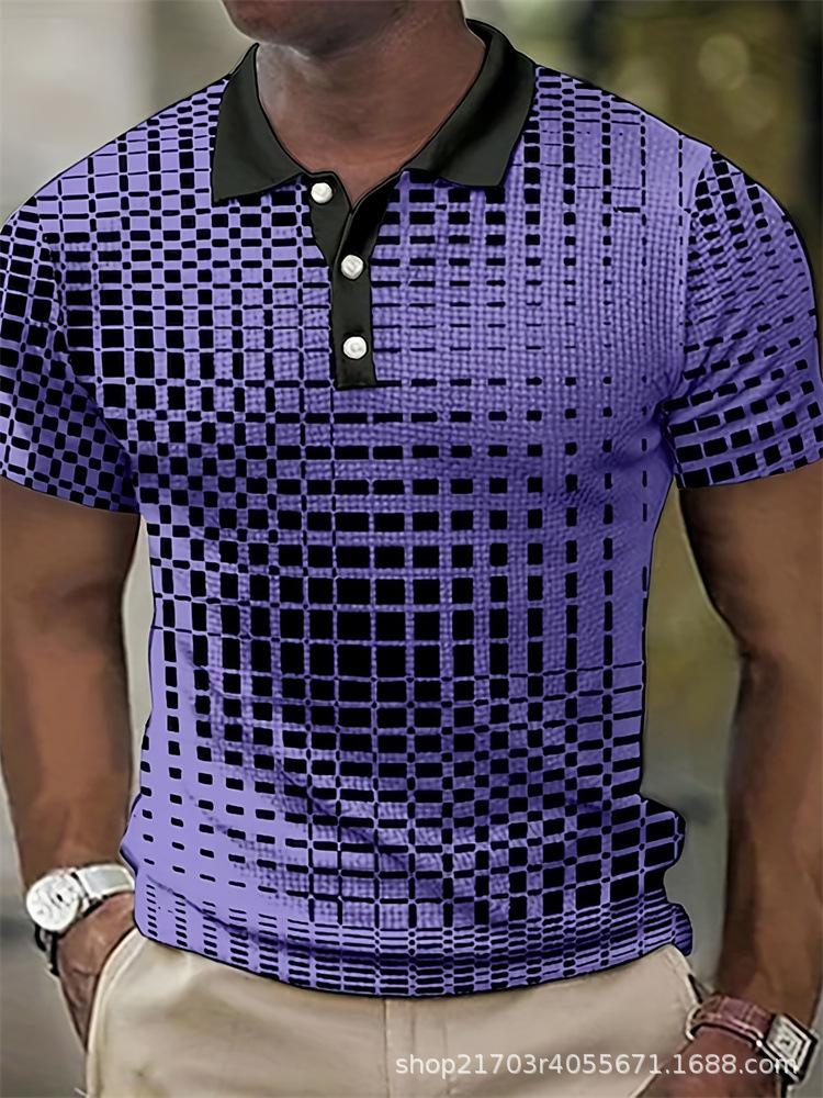 Casual Geometric Block Print Short Sleeve Zip Collar Polo Shirt for Men