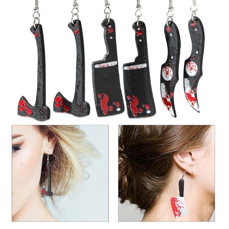 1 Set Punk Style Halloween Funny Blood Black Acrylic Simulation Knife Axes Kitchen Pumpkin Skull Exaggerated Ear Hook