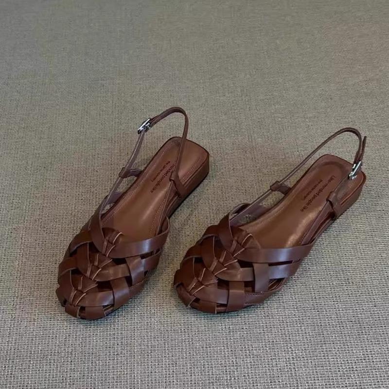 Sheepskin version~ Hollow and breathable pineapple head Roman shoes women's niche leather woven back strap flat-bottomed bag head sandals