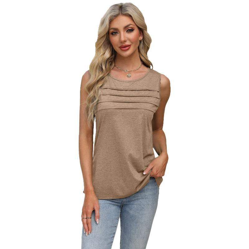 Women's New Spring/summer Solid Colour U-neck Pleated Vest T-shirt