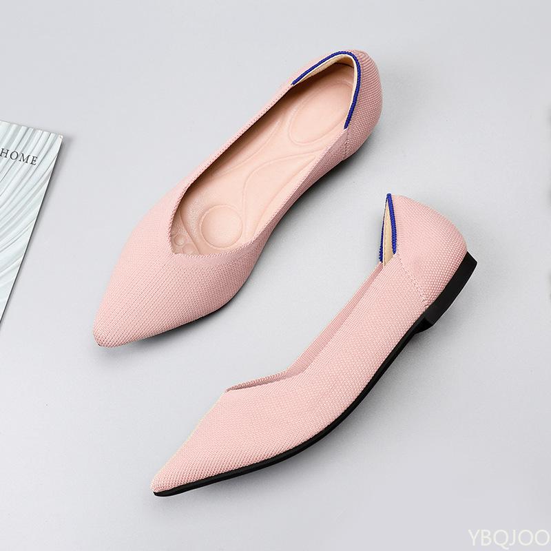 Fashion Breathable women's spring flat shoes pointed elastic knit daily casual  comfortable single shoes soft soled knit boat shoes