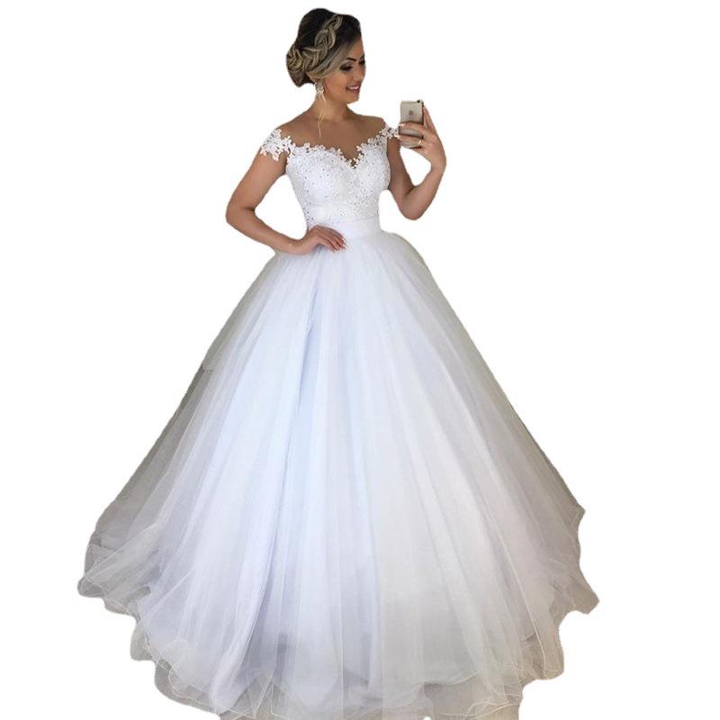 Elegant One-Shoulder V-Neck Slim European & American Wedding Dress with Fluffy Lace Train