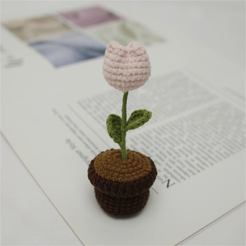 Crochet Heart Shape Flower In Pots Knitted Wool Mini Flower Potted Plant Romantics Ornament for Valentines Day Gift