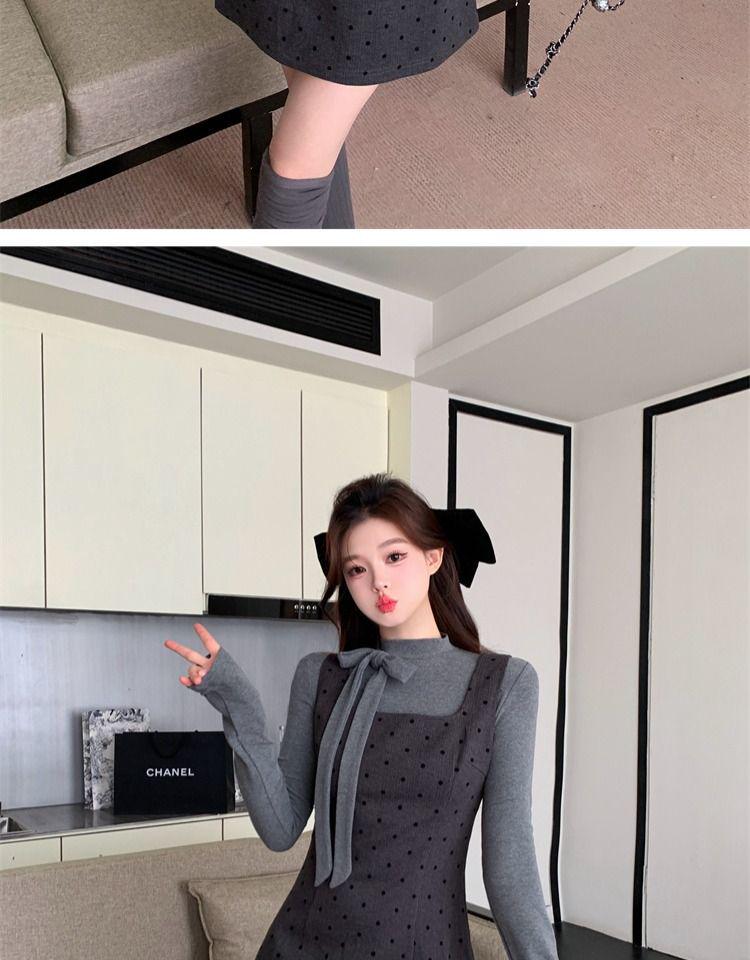 Korean Faux Two-Piece Grey Bow Polka Dot Dress, Waist-Cinched A-Line Skirt for Autumn