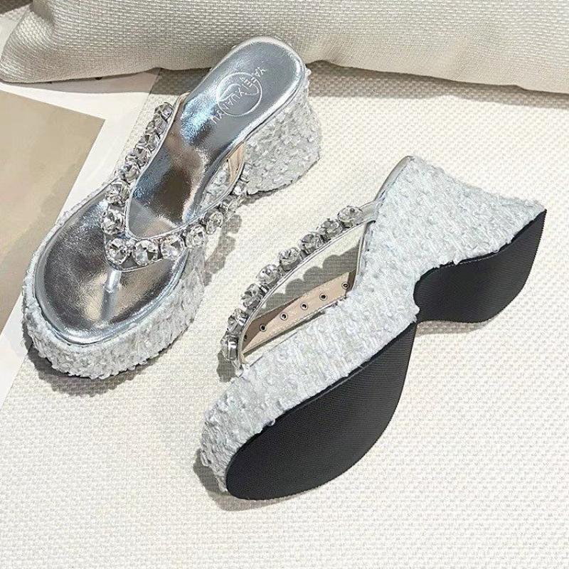 Women's High-heeled Flip-flops Fashion Round Toe Clip Sequin Crystal Buckle Thin Strap Waterproof Platform Wedges