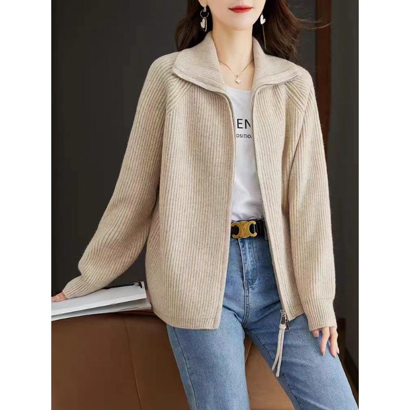 Solid Color Autumn and Winter New Loose Double Zipper Sweater Jacket for Women's Lazy Style Large Size Casual Knitted Cardigan for Women