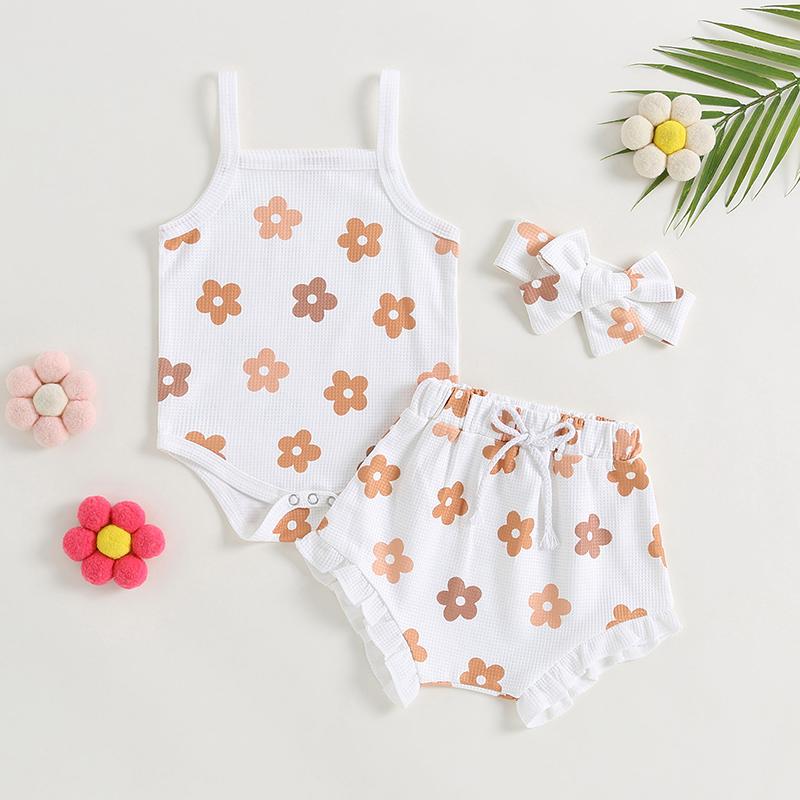 Baby Girl Summer Clothes Floral Print Sleeveless Romper and Ruffle Shorts Headband Set 3PCS Outfits 0-18 Months