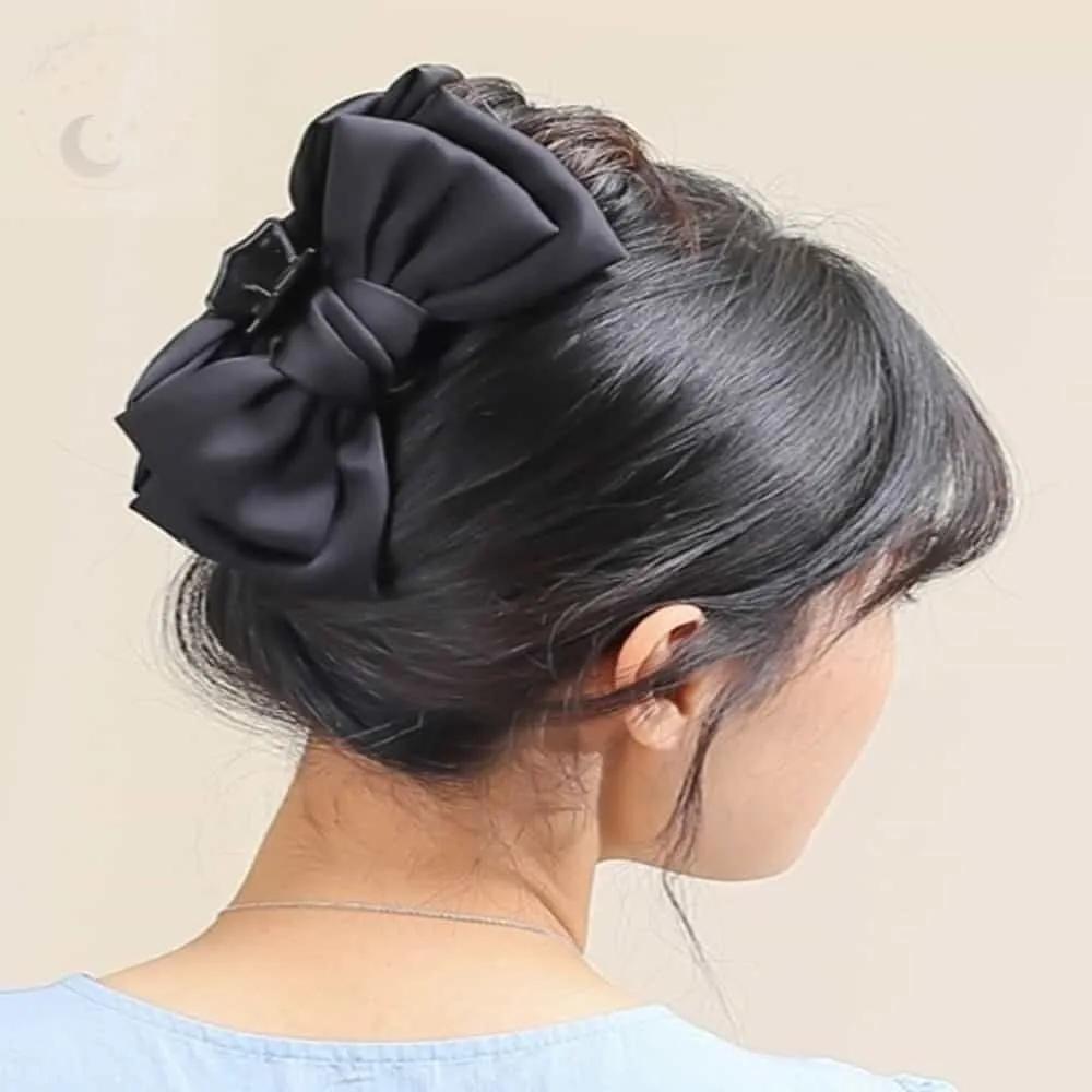 LUNAMAY Hair Clip Half-Up Silk Large Ribbon Black Hair Clip