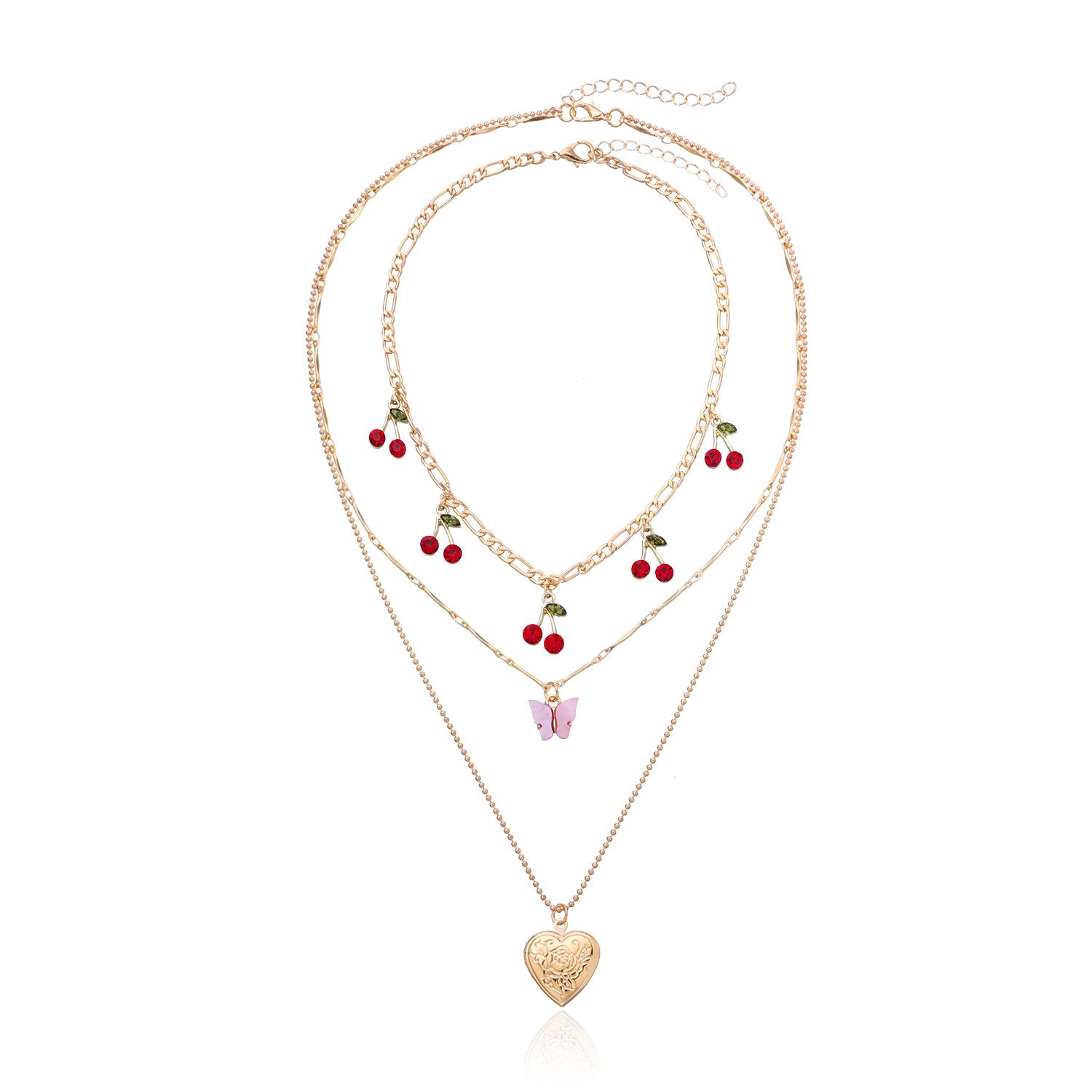 Stylish red cherry openable peach heart necklace, multi-layer pink butterfly pendant necklace золотой