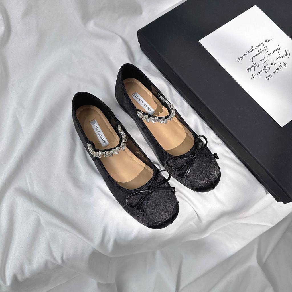 The inner height of the diamond belt is increased by 4 cm~ Satin bow small round head one-word diamond belt light mouth ballet shoes