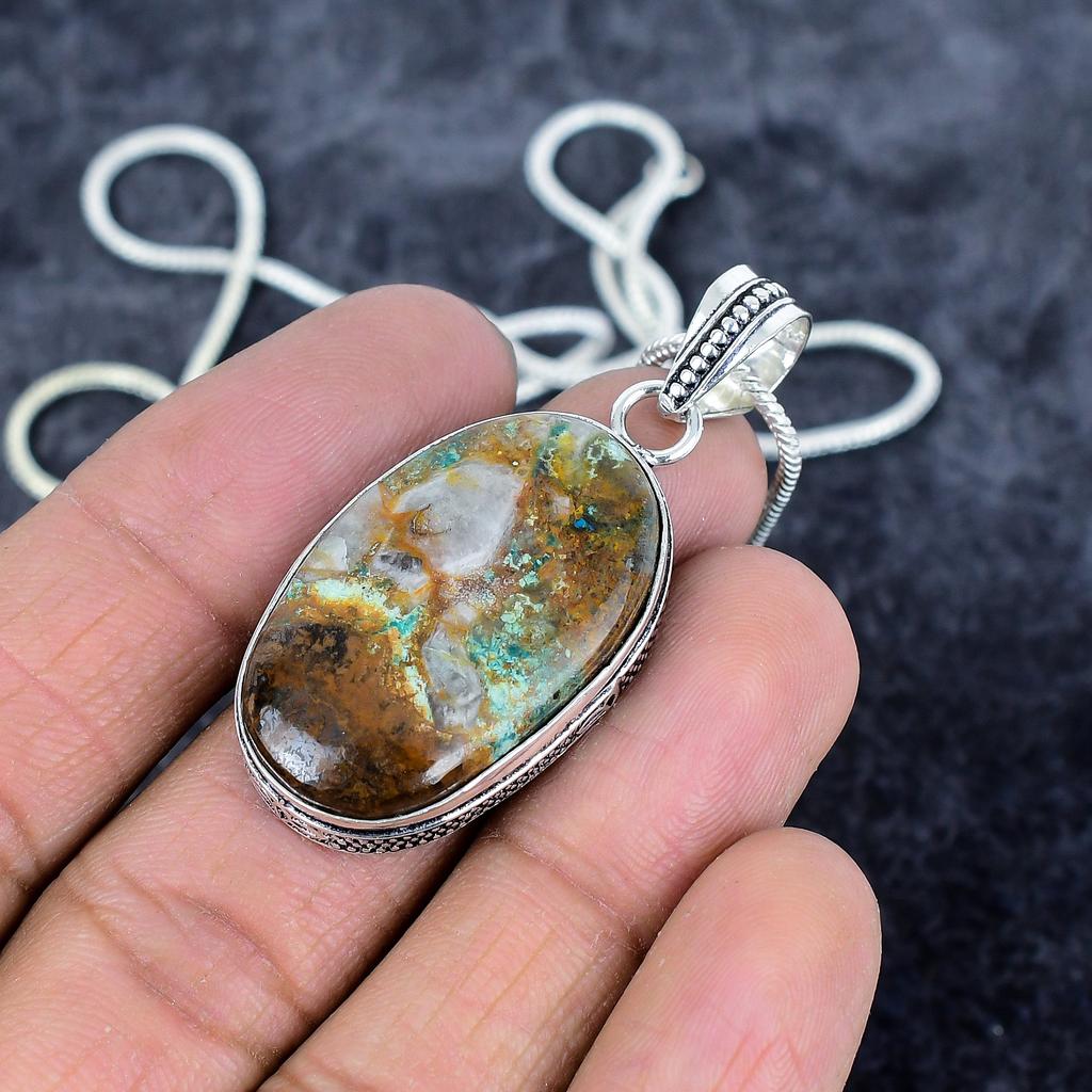 Chrysocolla Gemstone Handmade 925 Sterling Silver Jewelry Pendant 2.01" M-2945