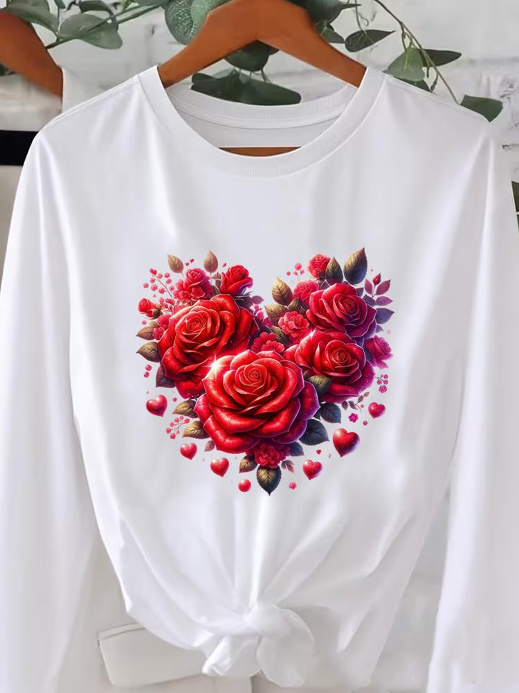 (Asian Size) Flower Trend Cute Graphic Tee O-neck Print T Shirt Casual Clothing Women Autumn Winter Spring Fashion Top Long Sleeve T-shirts