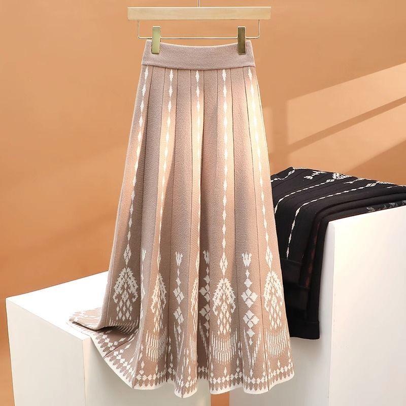 Knitted Yarn Half Skirt for Women Winter High Waist A-line Pleated Skirt Mid Length Big Swing
