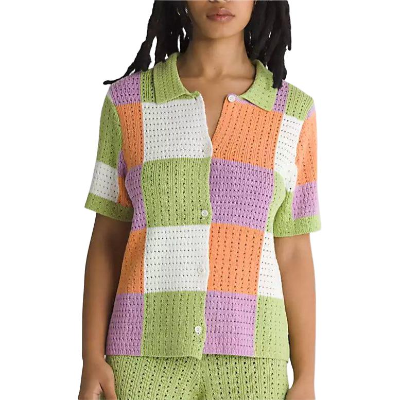 Vans Color-Block Plaid Button-Up Short Sleeve Sweater Women Tops Green VN000G3QCR0
