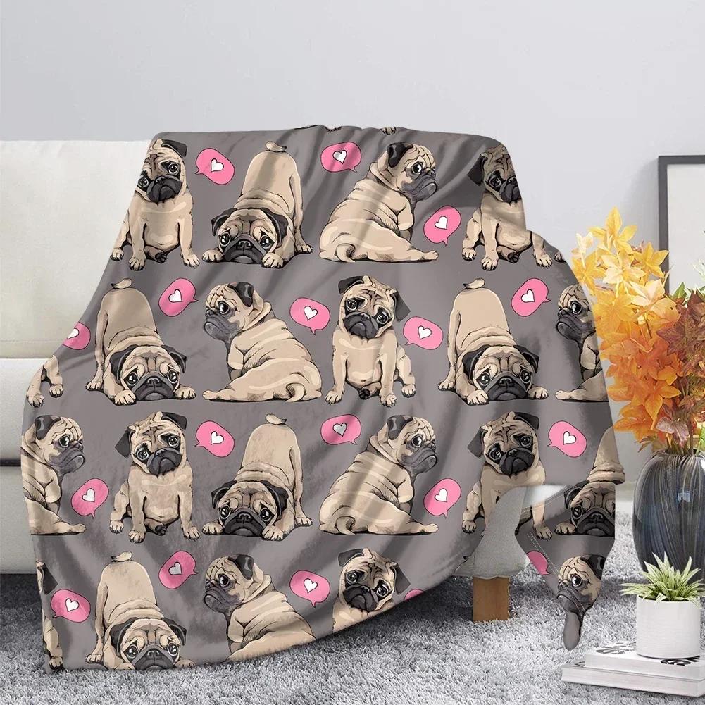 Flannel Blanket Cute Animal Pug Dog Soft Warm Fall Sofa Fleece Throw S for Bed  Couch  King Size Lightweight