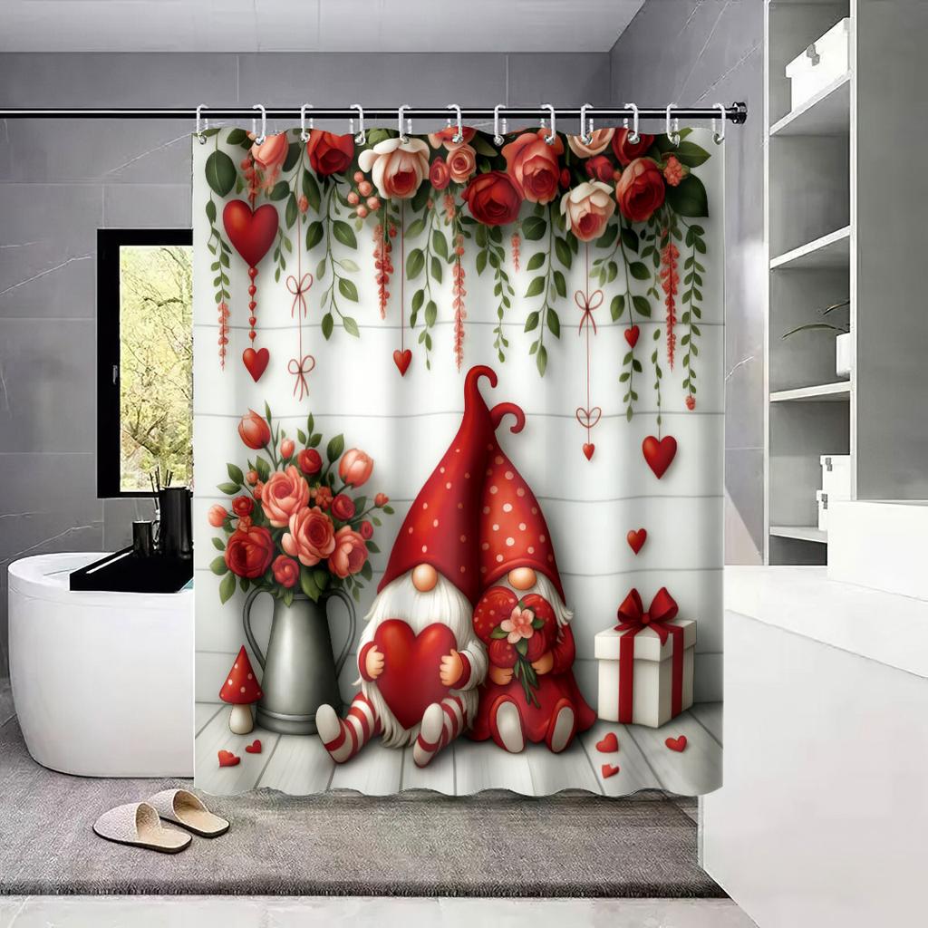 4pcs Valentine's Day Pink Romantic Love Gnome Print Bathroom Set 180x180 Waterproof Shower Curtain Floor Mat U-shaped Toilet Mat