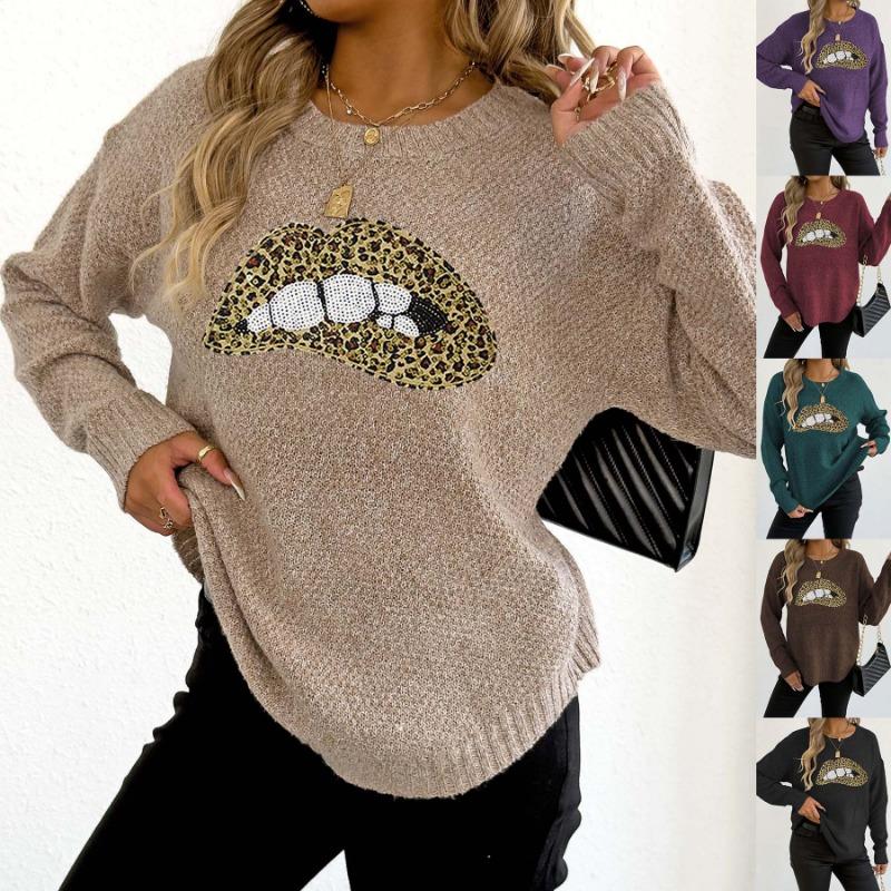 Leopard Print Embroidery Sequined Lips Personalized Round Neck Pullover Sweater for Women