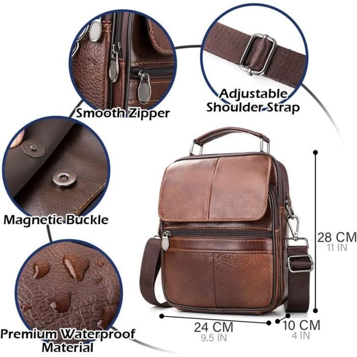 Sac à bandoulière en cuir pour hommes vintage casual business grande capacité (Marron)