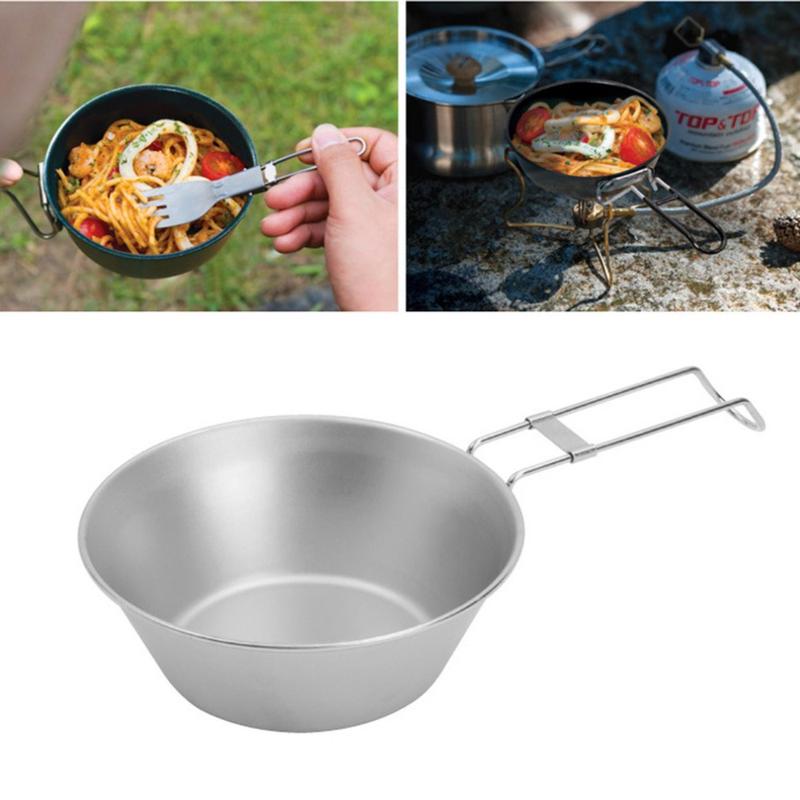 Stainless Steel Bowl With Foldable Handle Outdoor Camping Picnic Tableware Portable Cookware