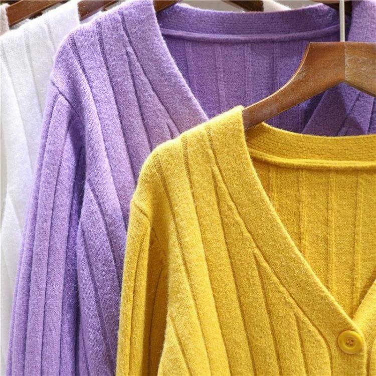 Women's V Neck Knitted Cardigan Short Jacket Loose Long Sleeve Autumn Versatile Outfit Top Sweater