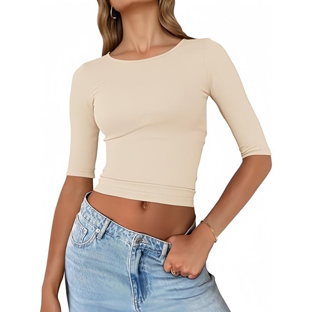 Women's Fashion Slim Navel T-shirt Short-sleeved Bottoming Shirt Solid Color Tops
