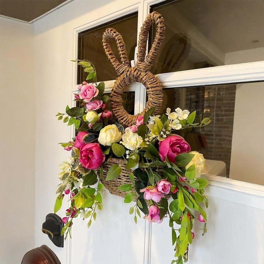 Hand Woven Bunny Flower Basket Handmade Bunny Basket Wreath Easter Bunny Basket  Wall Decoration