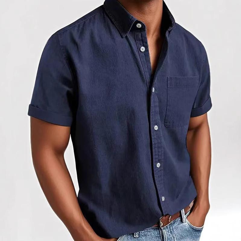 Men'S Fashion Collar Solid Color Shirt Casual Short Sleeved Top