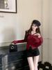 French Spicy Red One-Shoulder Knit Top for Women - Autumn/Winter Design