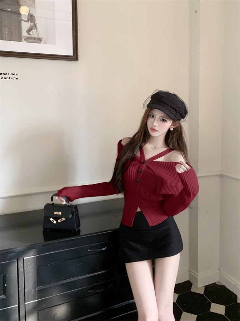 French Spicy Red One-Shoulder Knit Top for Women - Autumn/Winter Design