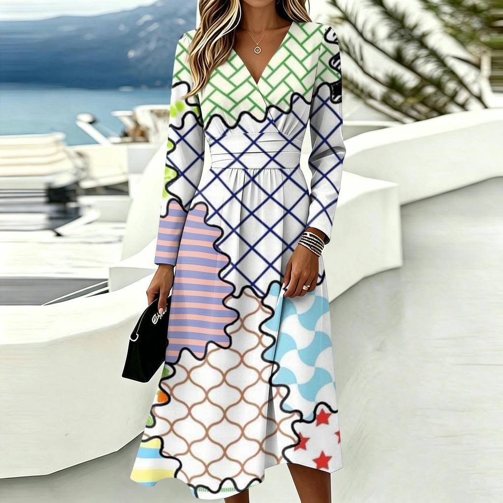 Women's Casual Color Block Plaid Print Long Sleeve V-Neck Dress with Pockets