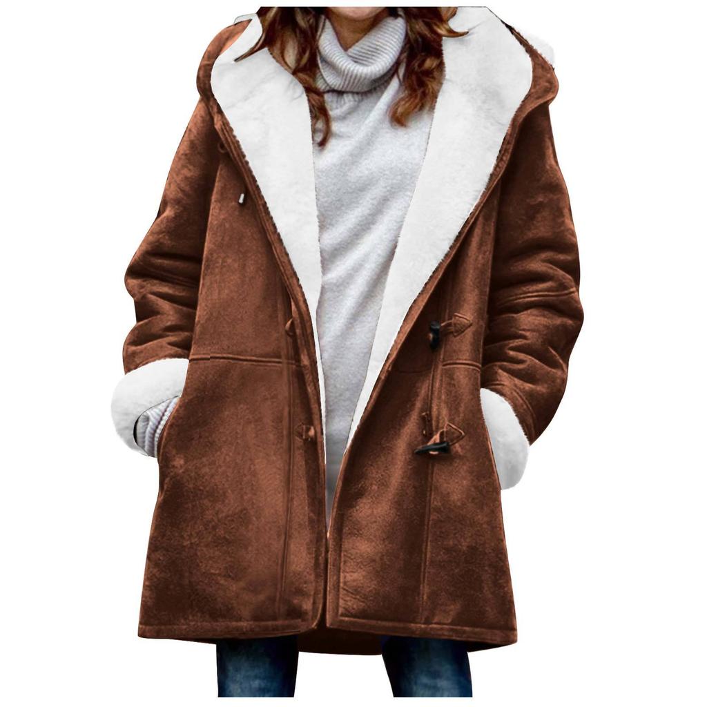 Women's Winter Coat Fleece Lined Jacket Long Sleeve Horn Button Plush Warm Coat