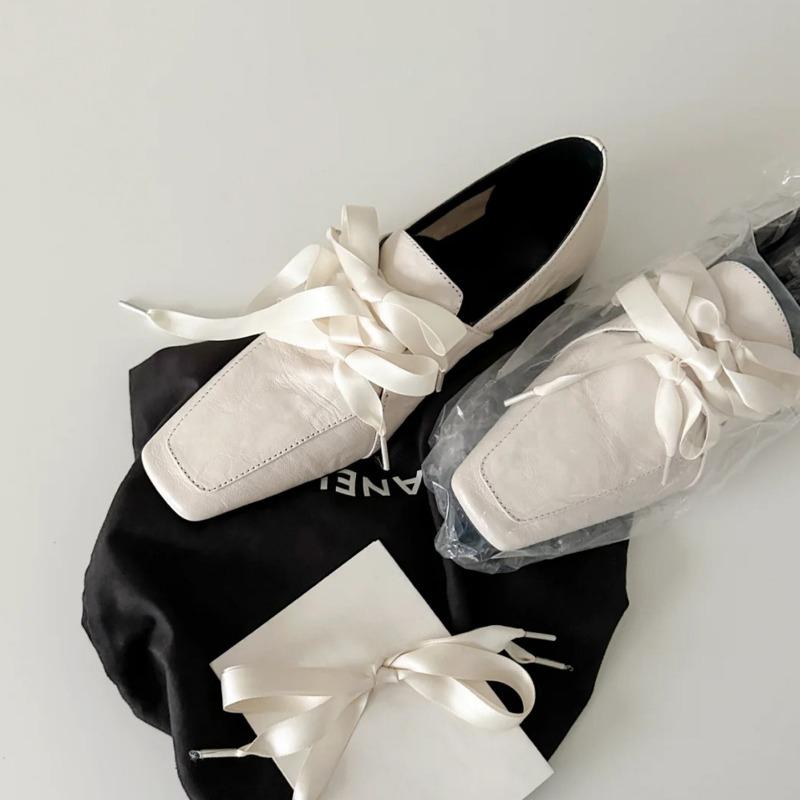 Cowhide version~ square head lace-up white women's pedal bow ballet style single shoes low heel small leather shoes