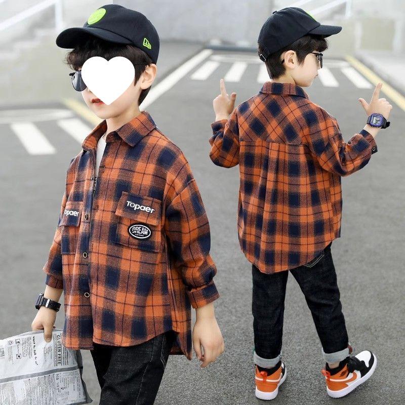 Boys' Plaid Long Sleeve Shirt Jacket, Spring & Autumn 2025, Korean Style, Trendy & Loose Fit for Big Kids.