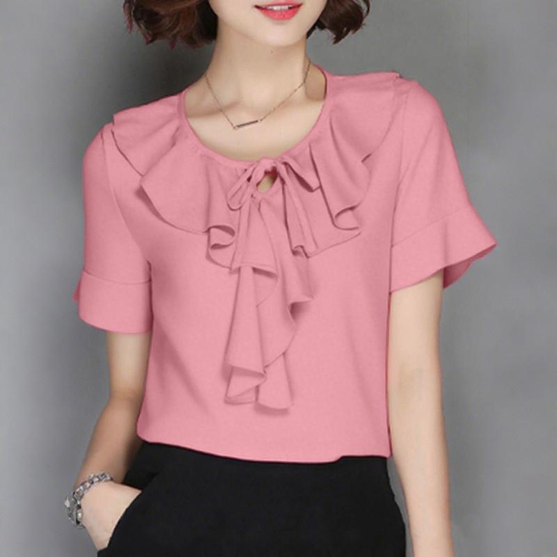 

ZANZEA Женская повседневная блузка с оборками, круглым вырезом и коротким рукавом для лета 5XL розовый