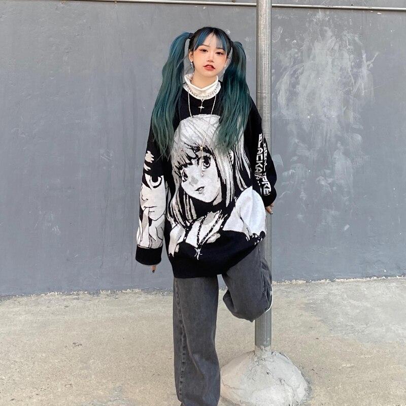 Y2k Gothic Tops Cartoon Bedruckter Rundhals Lockerer Pullover Harajuku Stil Pullover Damen 2D Anime Kleidung