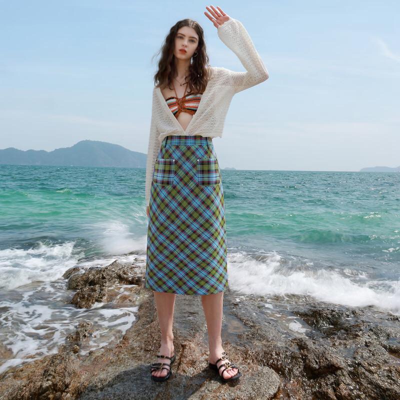 Sancai Women's Plaid Slit Midi Skirt