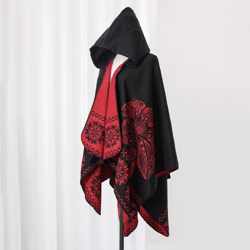 Winter Women Scarf Hooded Layers Poncho Elegant Lady Retro Floral Print Warm Wrap Shawl Scarve Capa Para Mujer Pashmina Cloak