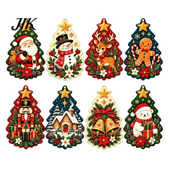 Christmas Window Hanging Decor 8Pcs Wooden Ornaments with Hemp Rope for Holiday Tree Decorations, Decorative Santa Rustic Claus Snowman Gingerbread