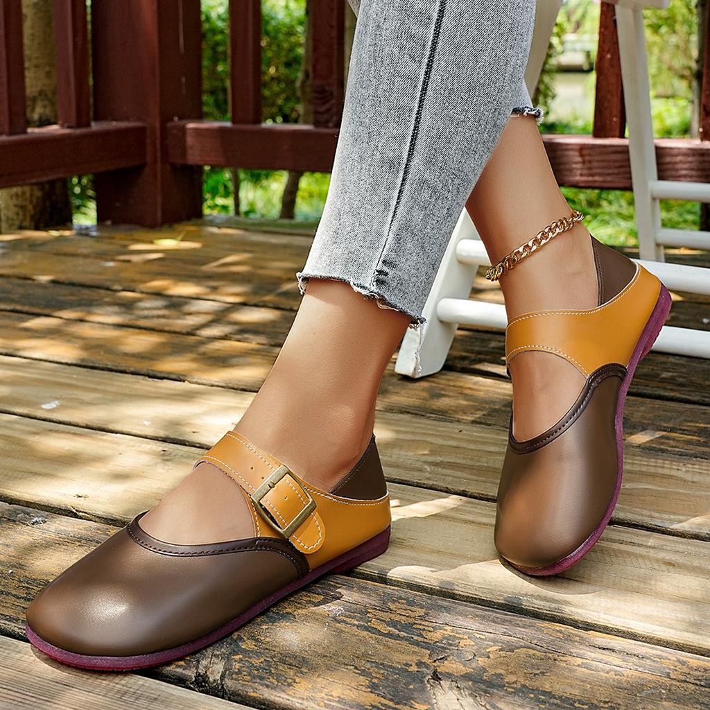 Außenhandel Retro Rundkopf Farbabstimmung Große Schnalle Weiche Sohle Bequeme Einzelne Schuhe Herbst Flacher Boden Lässig Leichte Mund Einzelne Schuhe