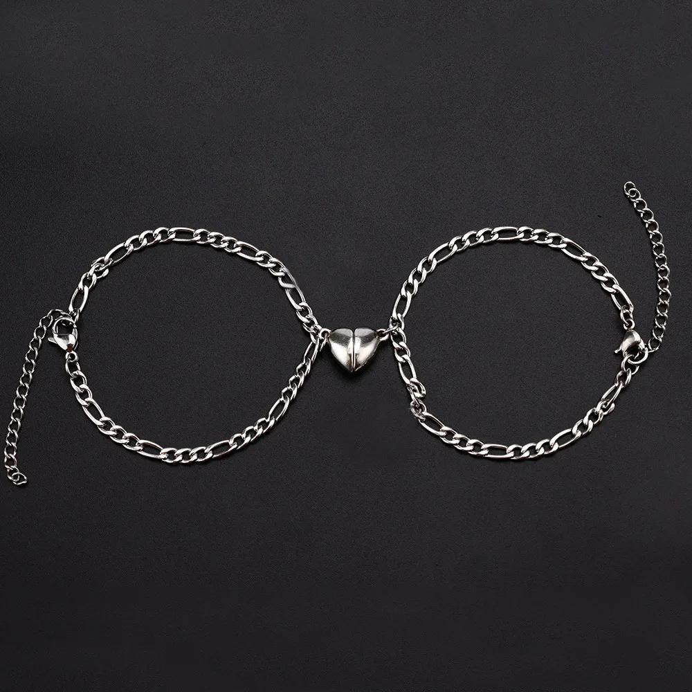 

2 шт./компл. Магнитные браслеты для пары Браслет притяжения в виде сердца Серебряный шарм любви Простые кубинские цепочки Ключ-замок Циркон Подарки