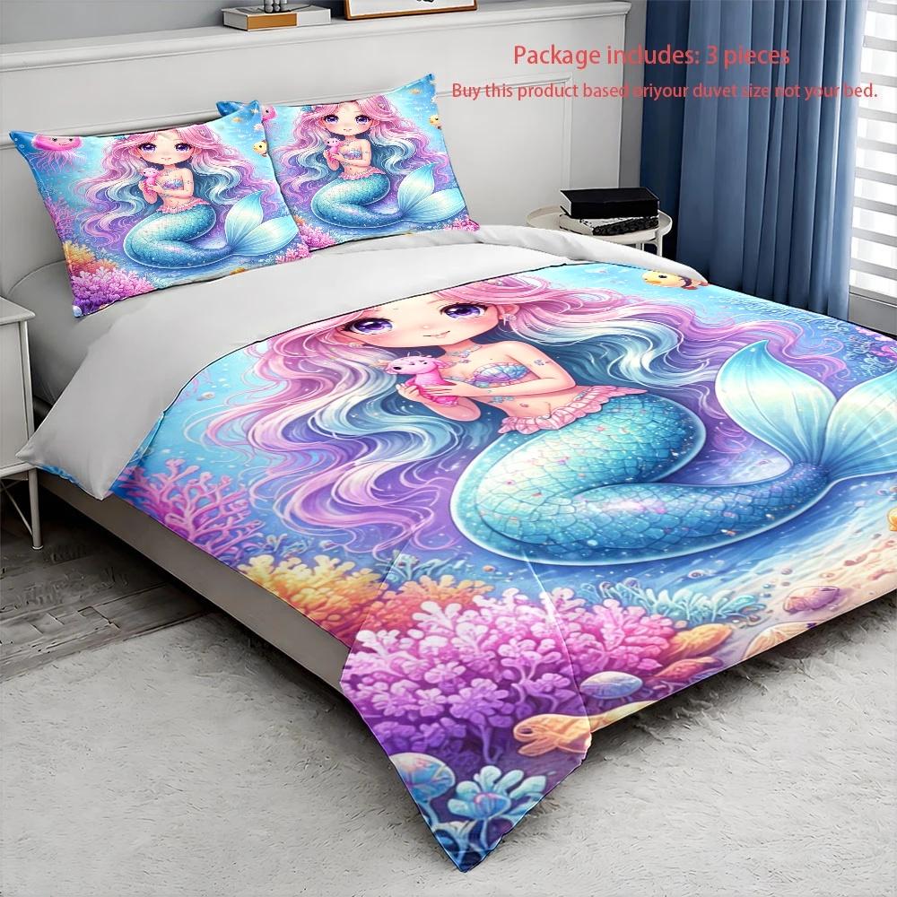 3Pc Cartoon Mermaid Bedding Set (1*Duvet Cover + 2*Pillowcases), Duvet Cover Set Suitable for All Seasons, Machine Washable 135x200cm