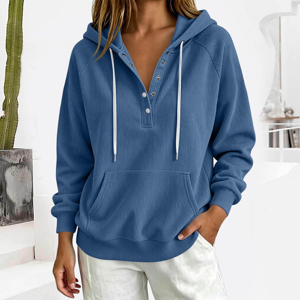 Women's Casual Lightweight Pullover Hoodie Long Sleeve Ribbed Texture Half Button Front Kangaroo Pocket Drawstring Hood Sweatshirt